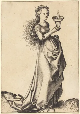First Wise Virgin, by Martin Schongauer, ink, 1490