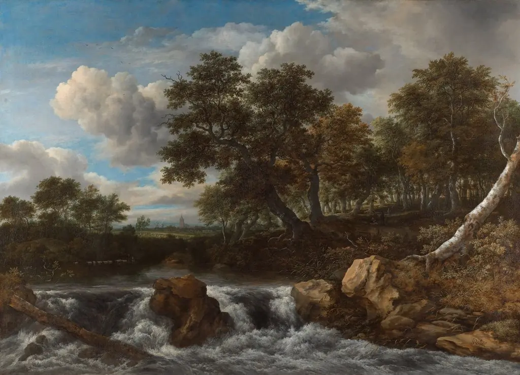 Landscape with Waterfall, by Jacob van Ruisdael, oil, 1668