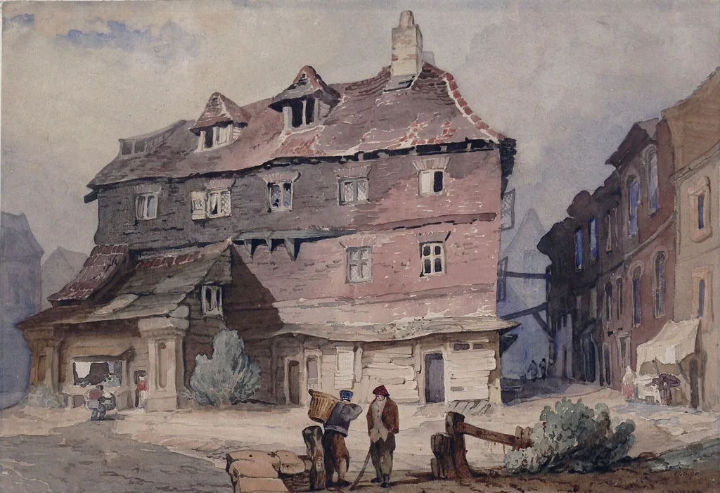 Street with old houses, by Danson, watercolor, 1820