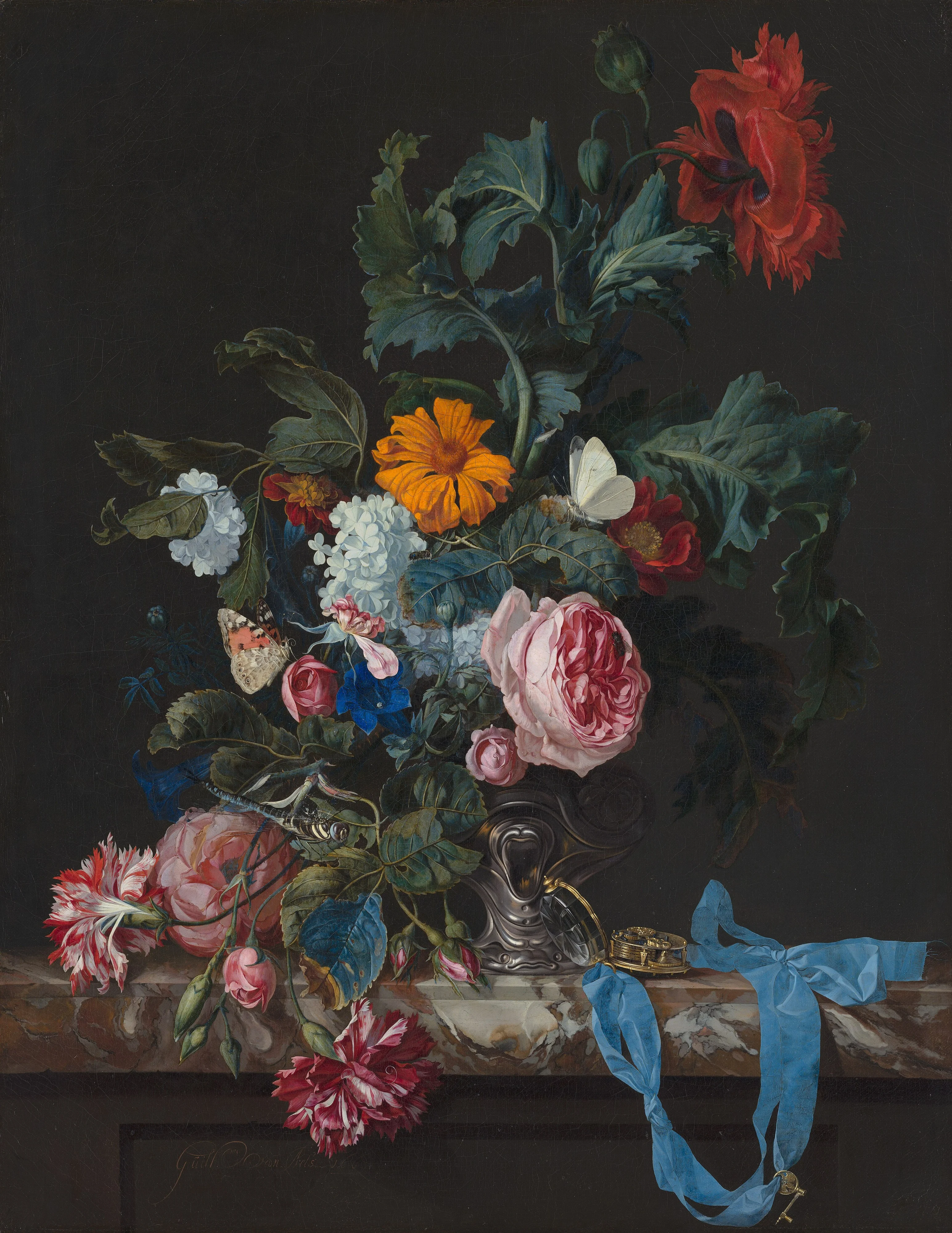 Flower still life with a watch, detail