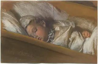 An Infant Asleep in His Crib, by Adolph Menzel, gouache, 1848