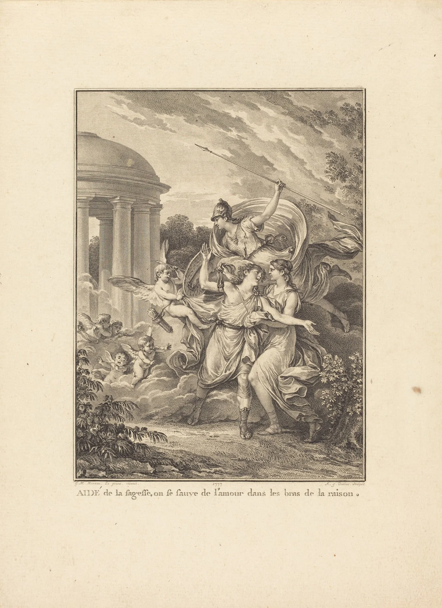 Frontispiece: Aidé de la sagesse, on se sauve de l'amour dans les bras de la raison, detail
