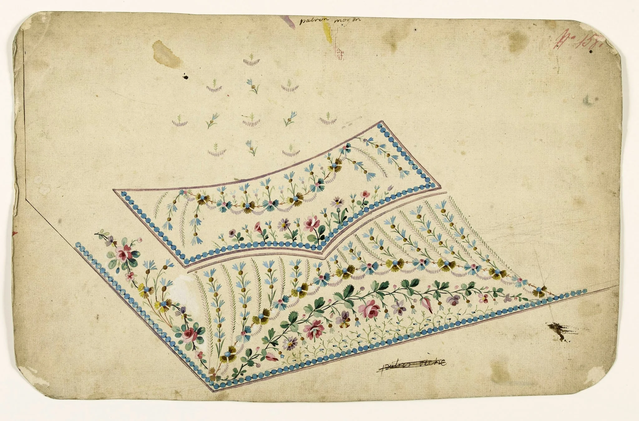 Composition de guirlandes de fleurs et de feuilles et frises de perles bleues, projets de broderies de gilet, XVIIIème siècle, detail