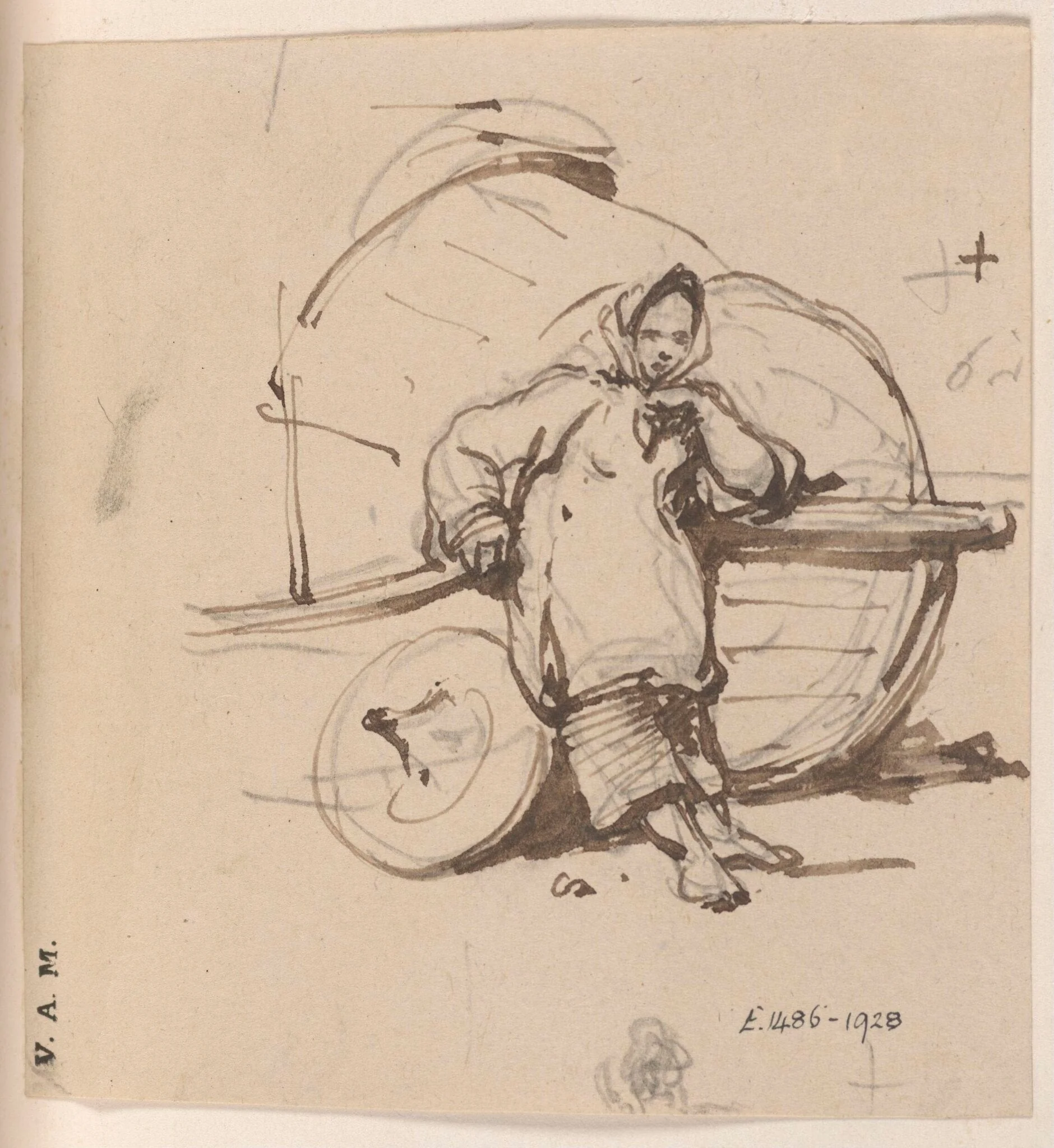 A boatwoman leaning against a beached Tanka boat, detail