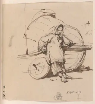 A boatwoman leaning against a beached Tanka boat, by George Chinnery, 19