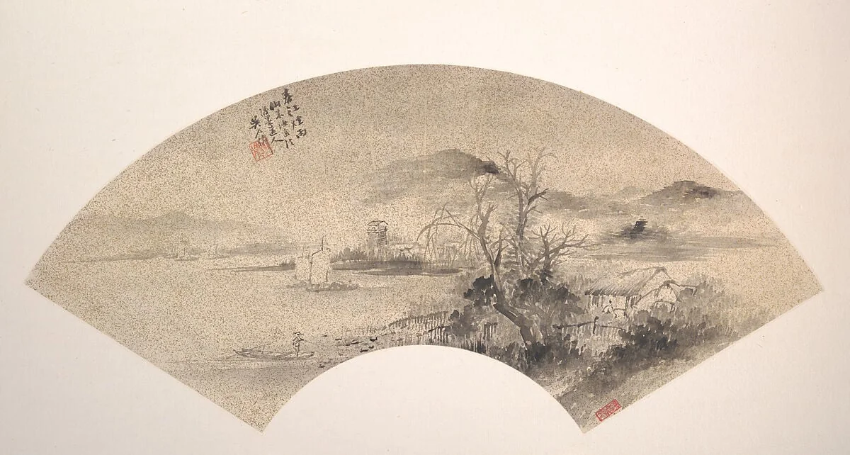 近代 吳石僊 春江煙雨 扇面|Misty Rain on the River in Spring, detail
