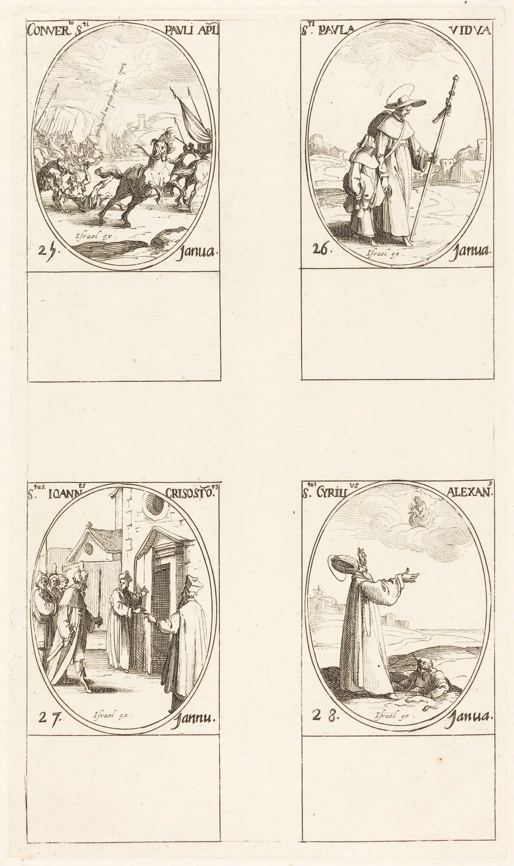 The Conversion of Saul; St. Paul; St. John Chrysostom; St. Cyril of Alexandria, by Jacques Callot, ink, 1634