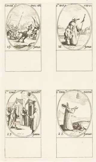 The Conversion of Saul; St. Paul; St. John Chrysostom; St. Cyril of Alexandria, by Jacques Callot, ink, 1634