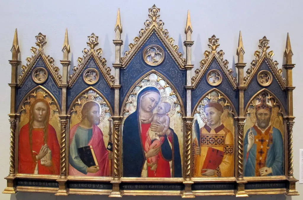 Virgin and Child, with Saints Mary Magdalene, James Major, Stephen, and a Bishop Saint, by Allegretto Nuzi, unspecified, 1346