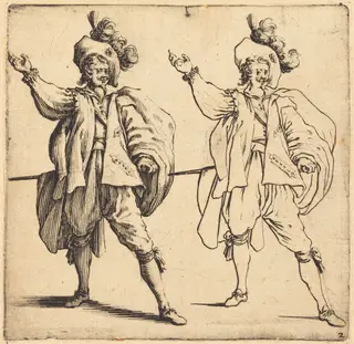 Officer with Large Plume, Front View, by Jacques Callot, ink, 1622