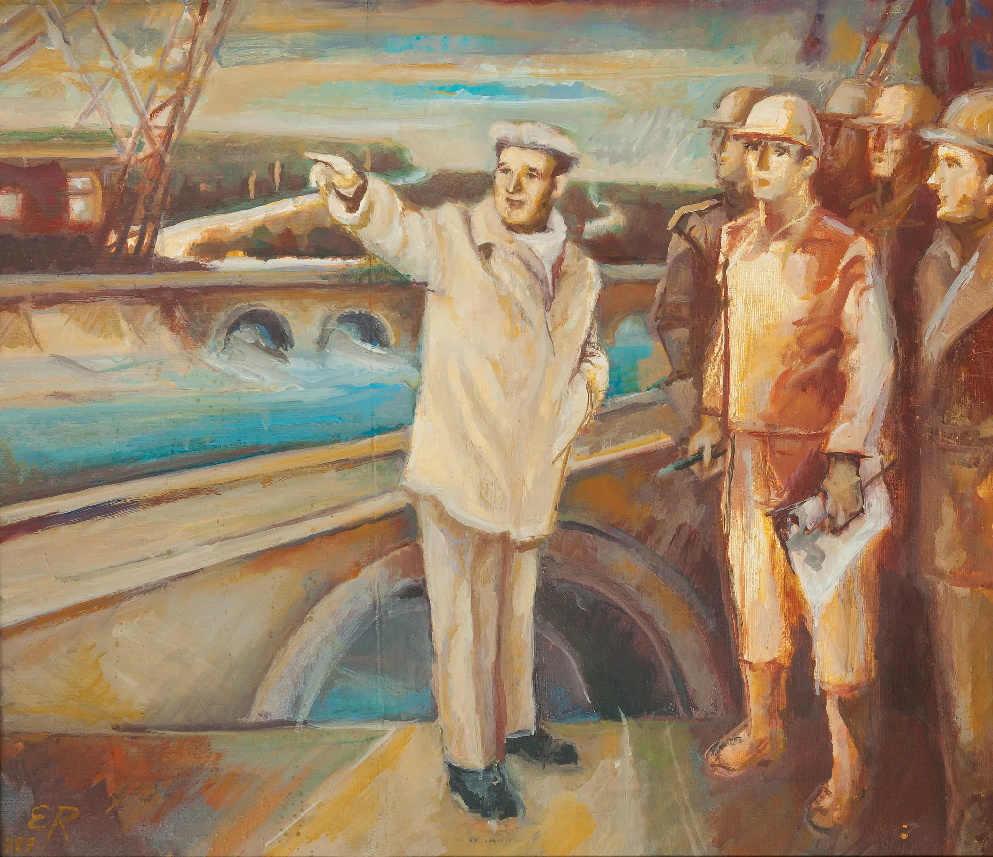 Tablou, ulei pe pânză, „Epoca marilor împliniri”, semnat E.R. și datat 1987 în partea stângă jos, atribuit lui Eugen Rascenco. Nicolae Ceaușescu este prezentat în timpul unei vizite de lucru, dând indicații muncitorilor. Comandat și oferit de Comitetul Județean de Partid Vaslui, 1987., detail
