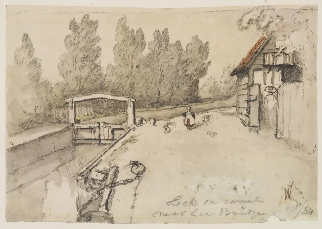 Lock on canal, near Lea Bridge., by Thomas Hosmer Shepherd, watercolor, 1834