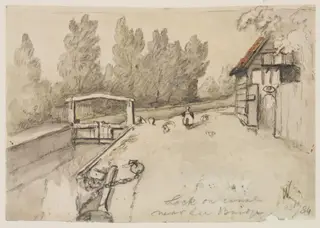 Lock on canal, near Lea Bridge., by Thomas Hosmer Shepherd, watercolor, 1834