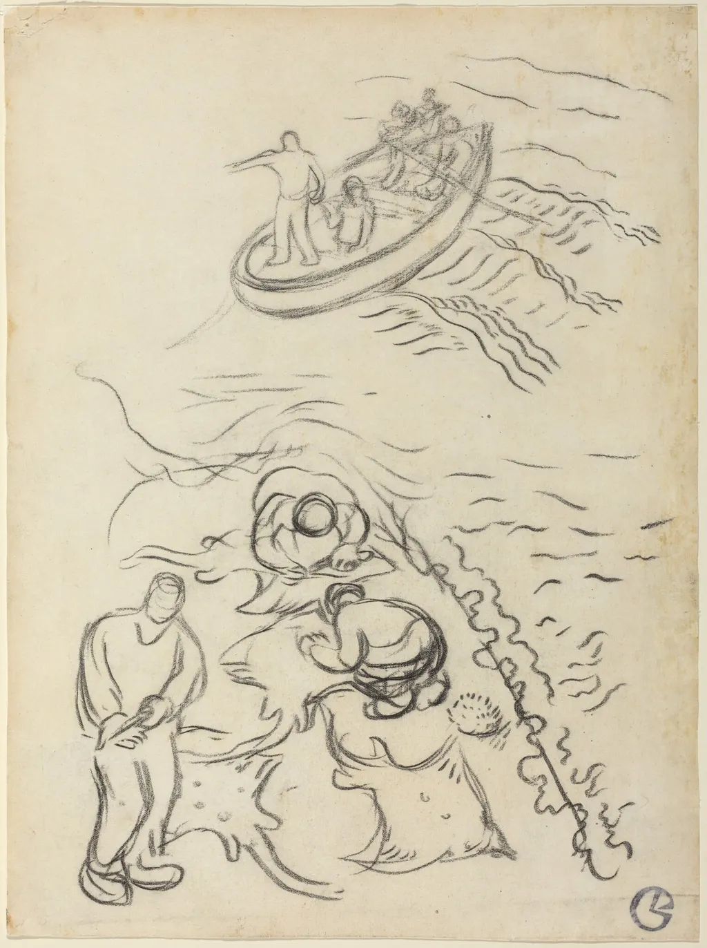 Study for "The Fishermen" with Men Emptying the Nets (Etude pour "Les Pêcheurs" et hommes vidant des raies), by Georges Lacombe, charcoal, 1894