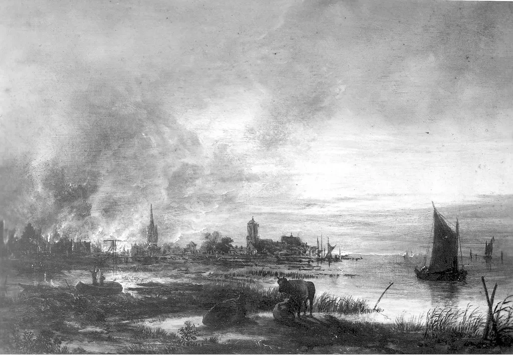 Fire in a town, by Aert van der Neer, oil, 1670