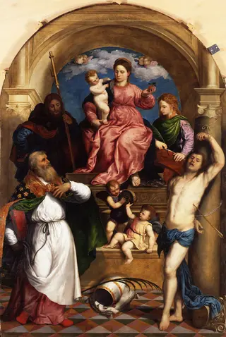 Enthroned Madonna with Child and Saints, by Paris Bordone, oil, 1530