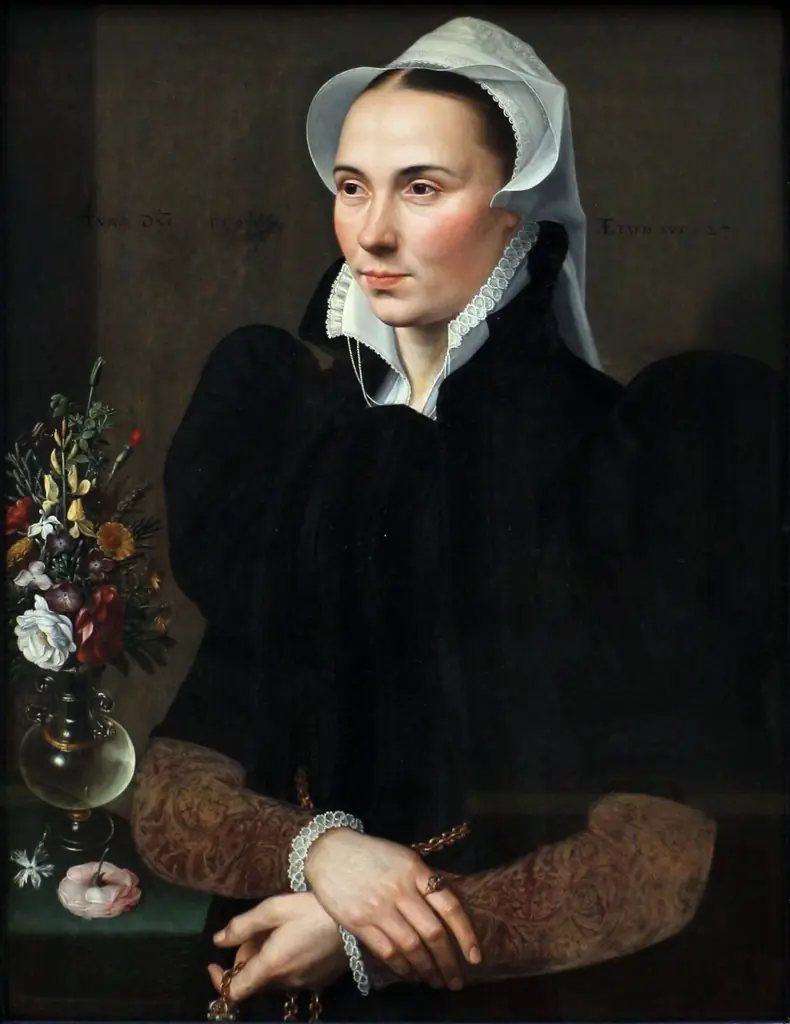 Portrait of a 27-year-old woman with a bunch of flowers, by Adriaen Thomasz. Key, oil, 1564