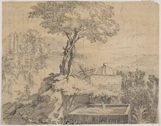 Landscape near Rome, with a cistern in the foreground, by Cozens, 1746