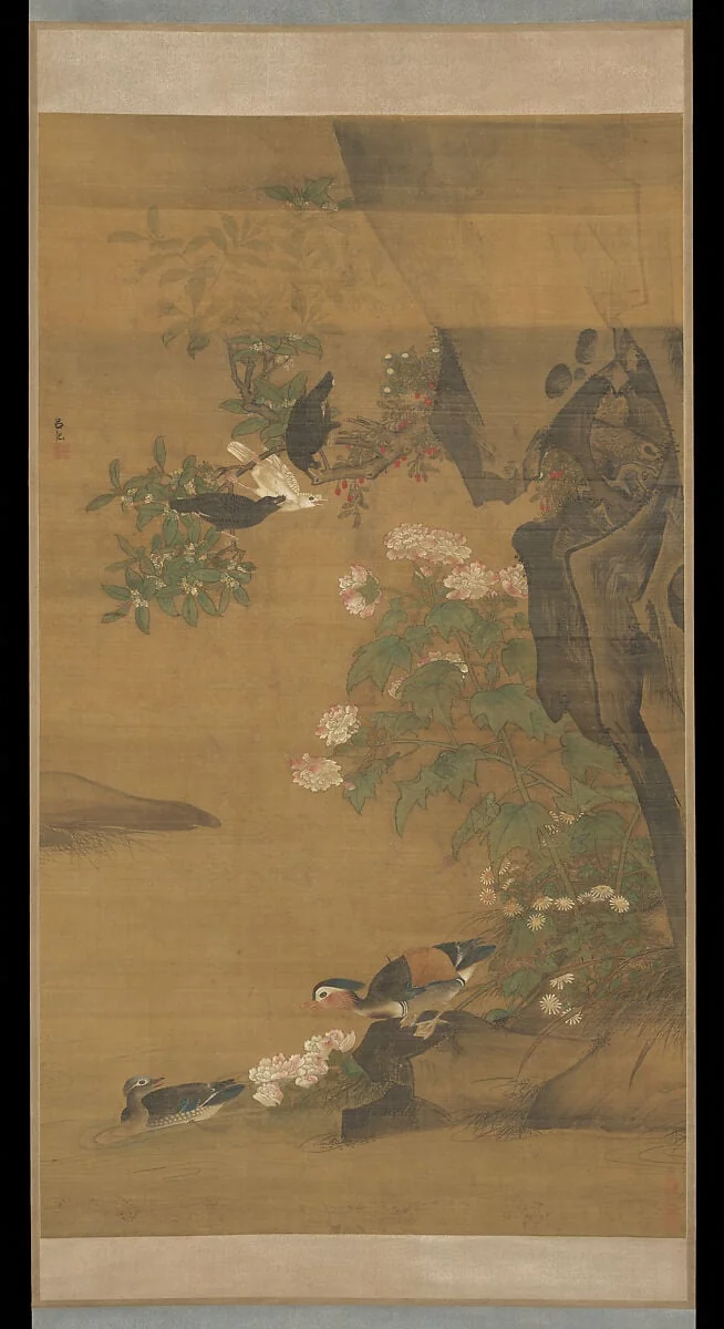 明 呂紀 鴛鴦芙蓉圖 軸|Mandarin ducks and cotton rose hibiscus, detail