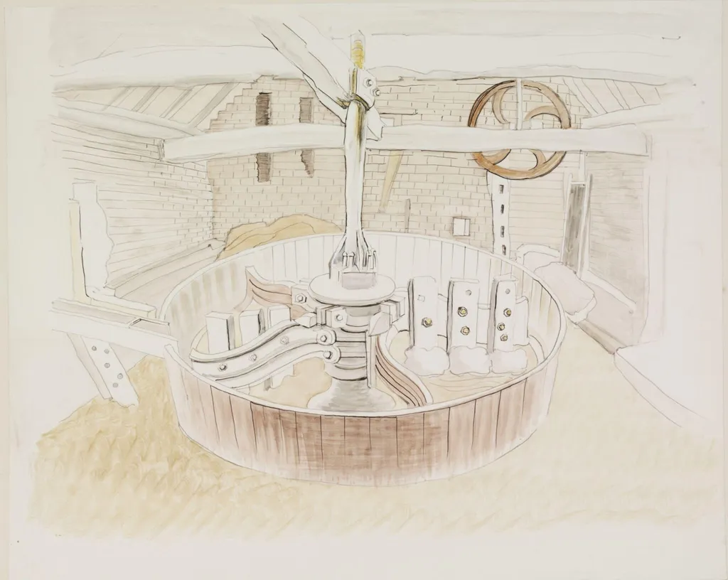 Inside a Mill;- grinding bone" near Modishall, by Puller, watercolor