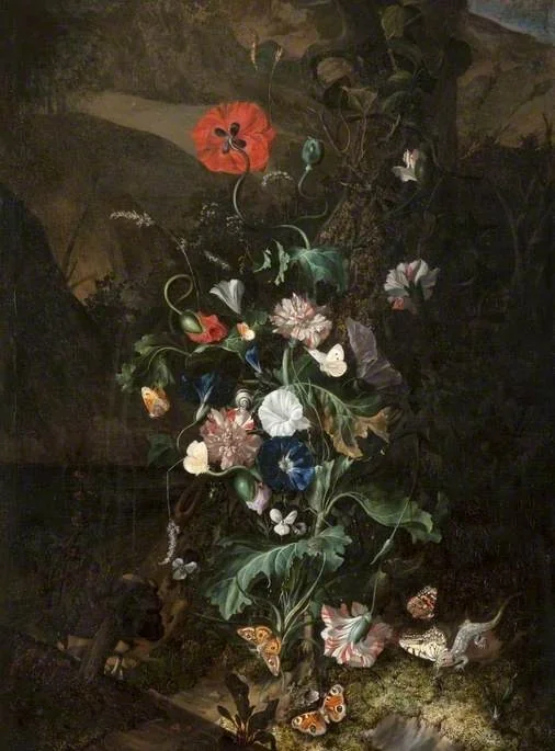 An Arrangement of Flowers by a Tree Trunk, detail