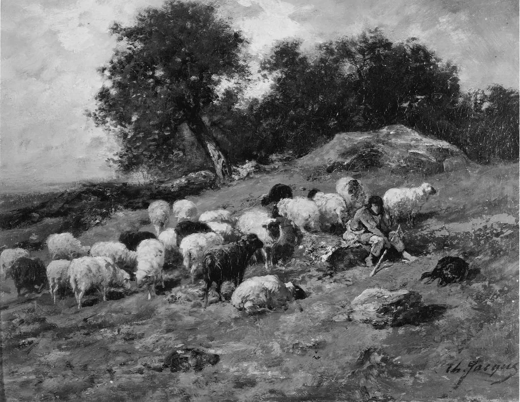 Shepherd and Sheep, by Charles Jacque, unspecified, 1863
