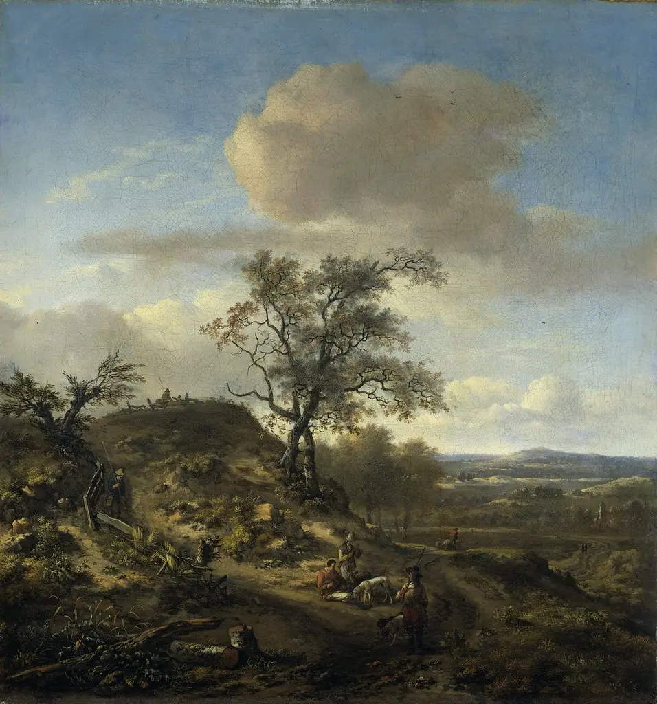 Landscape with a hunter and other figures, by Jan Wijnants, oil, 1665