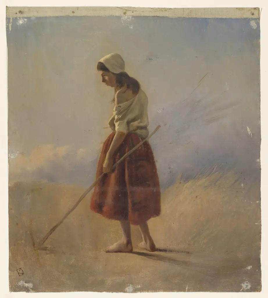 Standing farm girl with stick, by Johan Daniël Koelman, oil, 1849