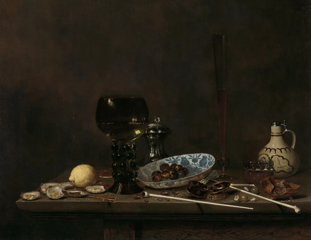 Still Life with Roemer, Salt Cellar, Tobacco, Lemon, and Olives, by Jan Jansz van de Velde, unspecified, 1651