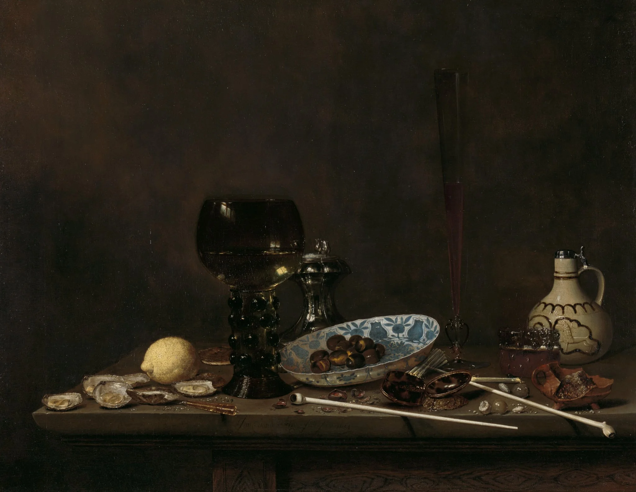 Still Life with Roemer, Salt Cellar, Tobacco, Lemon, and Olives, detail