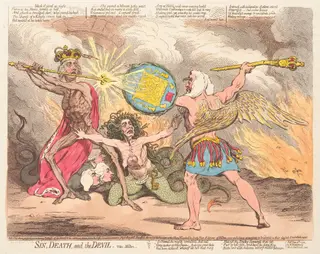 Sin, Death, and the Devil, vide Milton, by James Gillray, watercolor, 1792