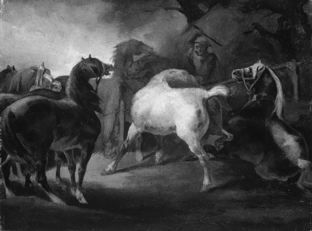 Bataille de chevaux dans un enclos, by Théodore Géricault, oil