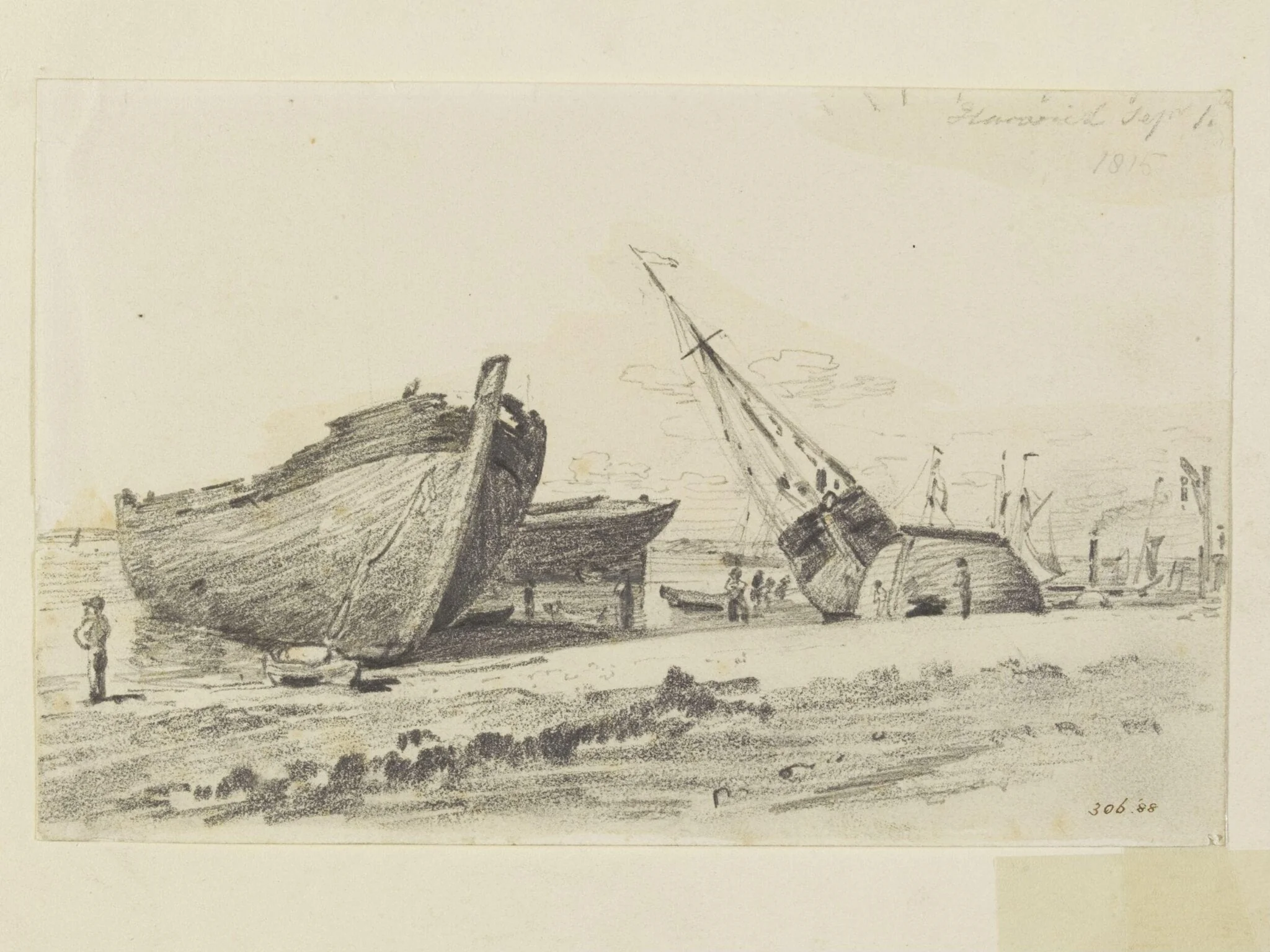 The breakwater at Harwich, with ships on the beach, detail