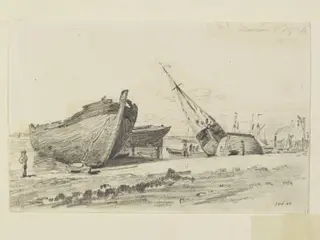 The breakwater at Harwich, with ships on the beach, by John Constable, 1815