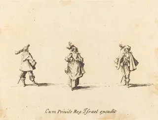 Lady with Plumes, and Two Gentlemen, by Jacques Callot, ink, 1634