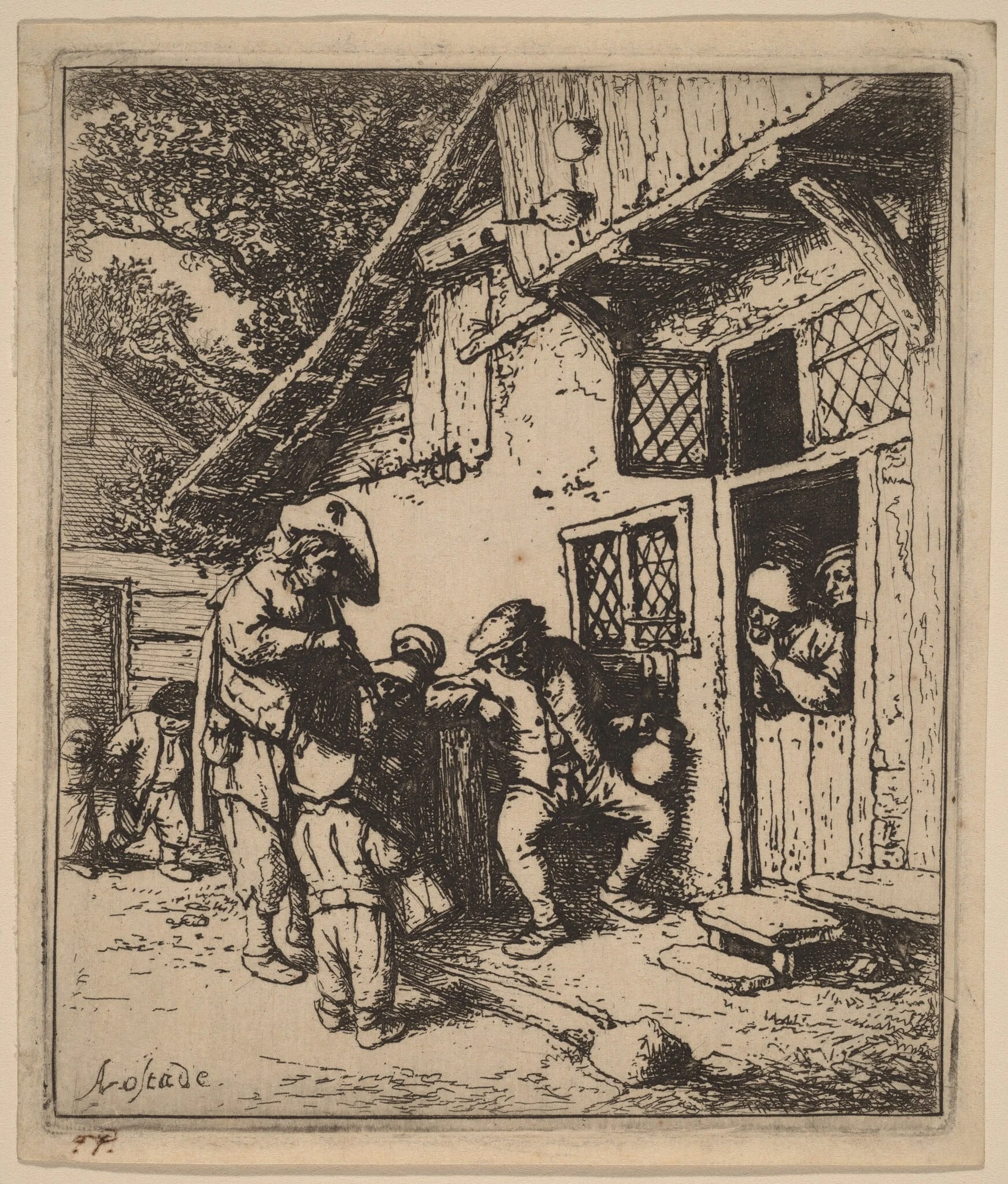 Peasants Outside an Inn Entertained by Musicians with a Flute and a Drum, detail