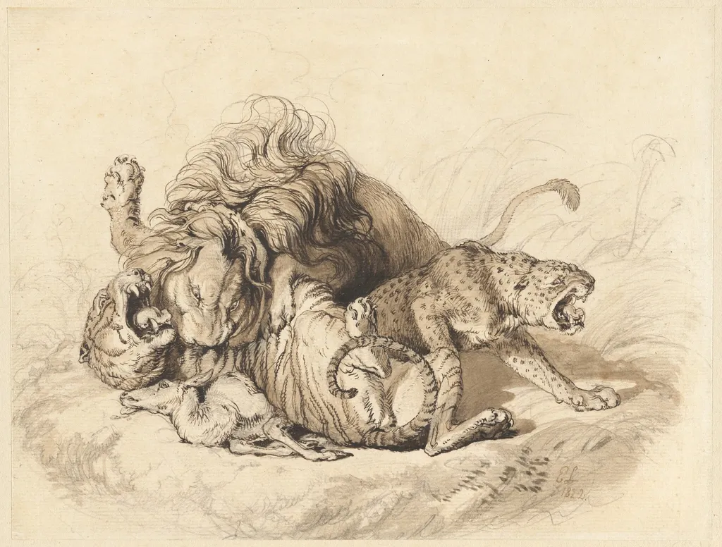Contending Group after Nature [A Lion Fighting a Tiger and a Leopard], by Edwin, Sir Landseer, graphite, 1822