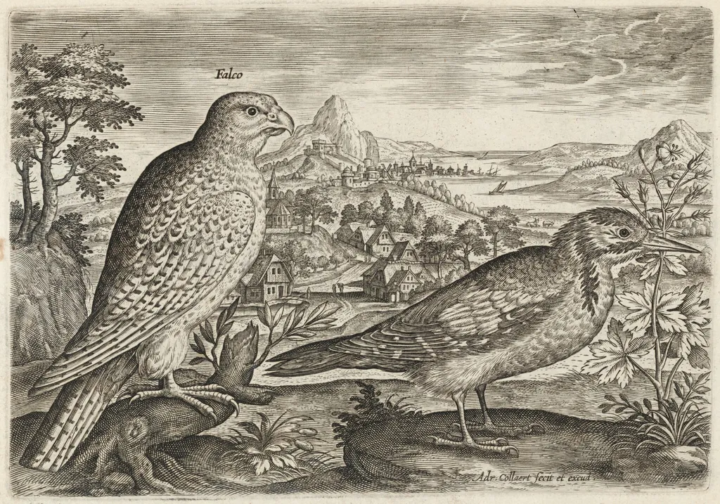 Kestrel and Great Spotted Woodpecker, by Adriaen Collaert, ink, 1600