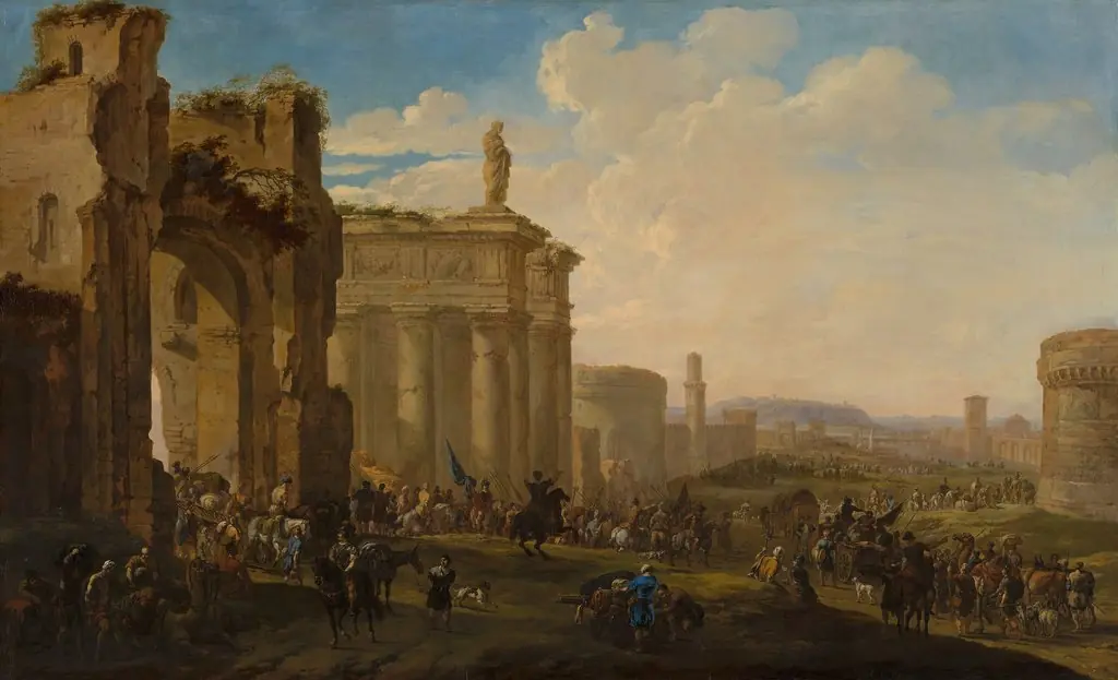 Army Advancing among Roman Ruins, by Jacob van der Ulft, oil, 1671