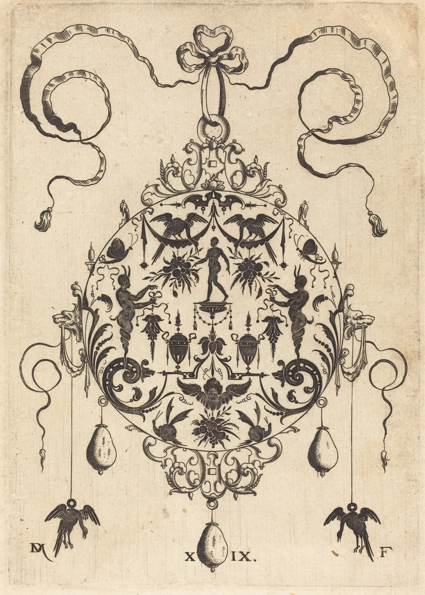 Large Pendant, In Circular Form, Nude Man Flanked by Two Herms, detail