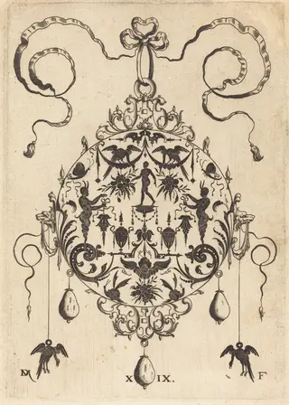 Large Pendant, In Circular Form, Nude Man Flanked by Two Herms, by Daniel Mignot, ink, 1596