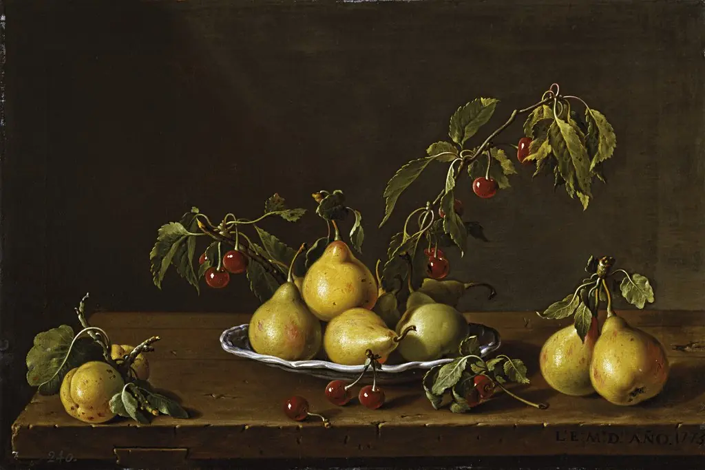 Still Life with Plate of Pears and Morello Cherries, by Luis Egidio Meléndez, oil, 1773