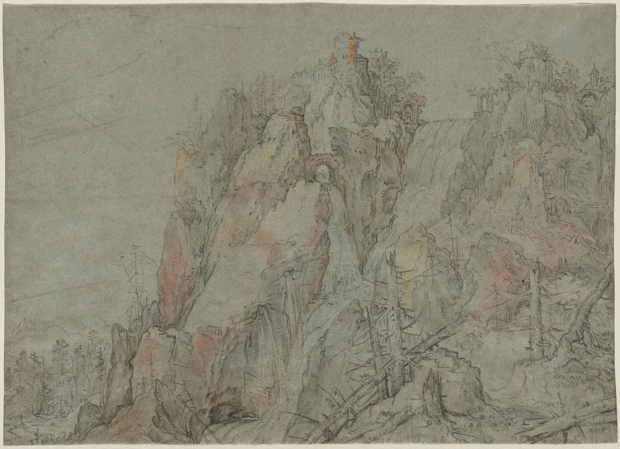 Mountainous Landscape with Castles and Waterfalls, detail