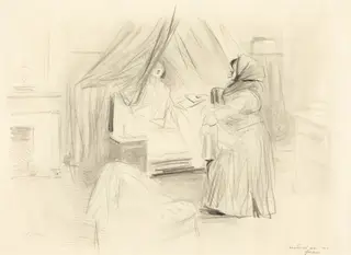 Le petit déjeuner (planche en largeur) (Breakfast) (horizontal plate), by Jean-Louis Forain, ink, 1895