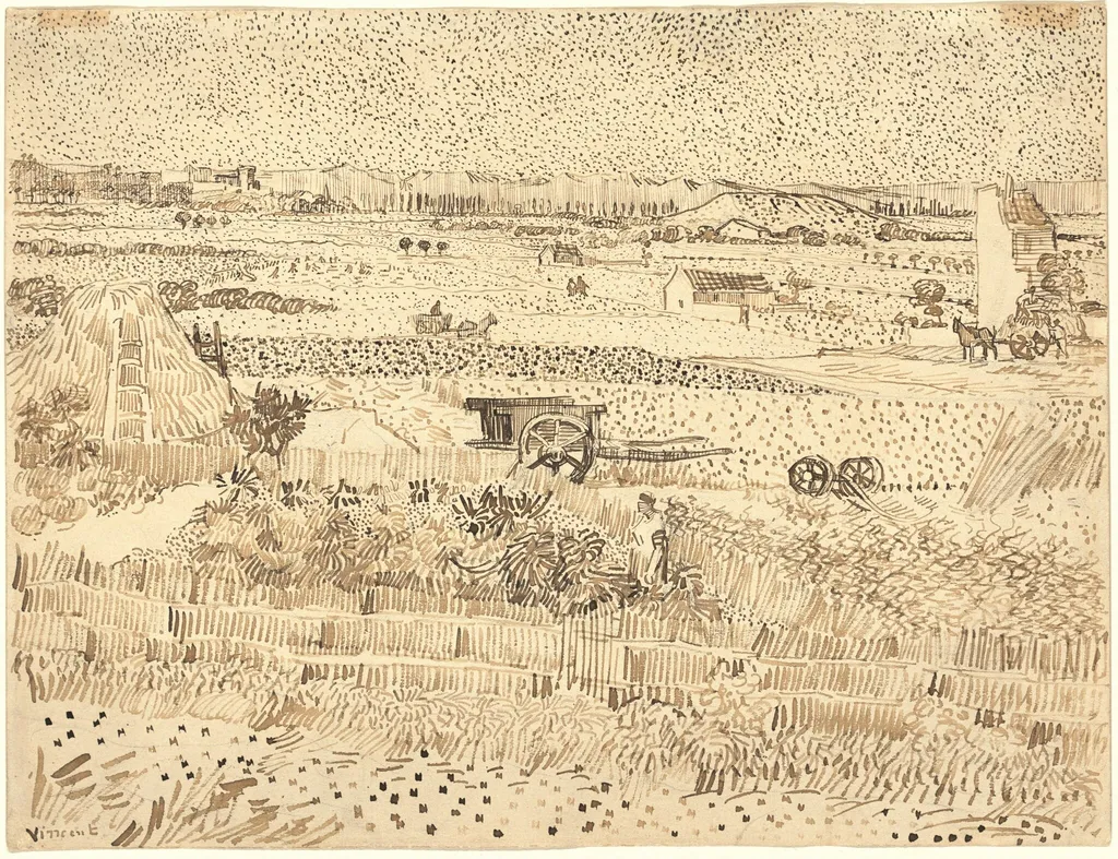 Harvest--The Plain of La Crau, by Vincent van Gogh, ink, 1888