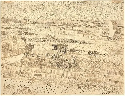 Harvest--The Plain of La Crau, by Vincent van Gogh, ink, 1888