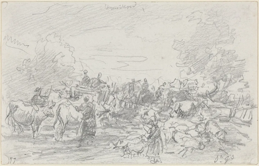 Herds Crossing a Stream, by Eugène Boudin, graphite, 1877