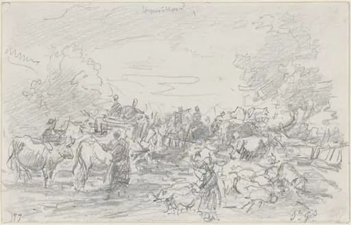 Herds Crossing a Stream, by Eugène Boudin, graphite, 1877