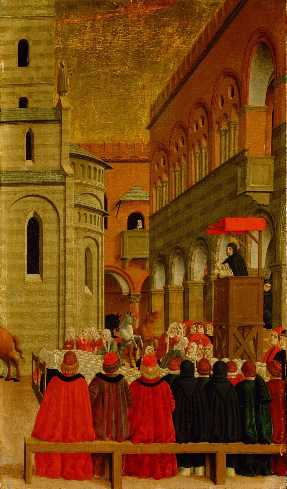 Szene aus dem Leben des Hl. Vinzenz Ferrer: Der Teufel vesucht in Form dreier wilder Pferde die Predigt des Heiligen zu stören, detail