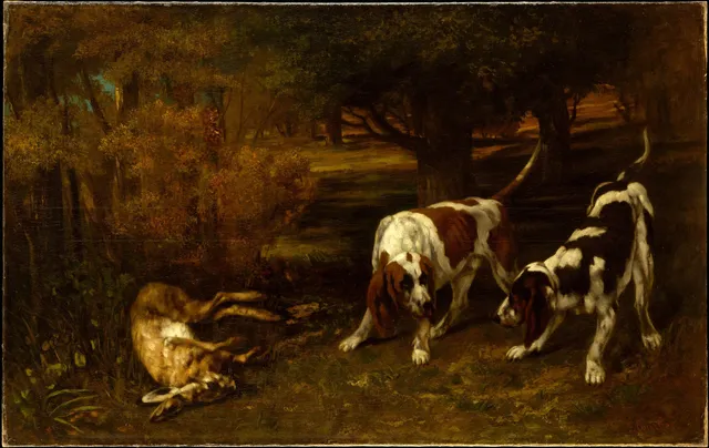 Hunting Dogs with Dead Hare: fur dragged and skidded over a dark ground, the carcass rendered as slackened paint rather than drawn line.
